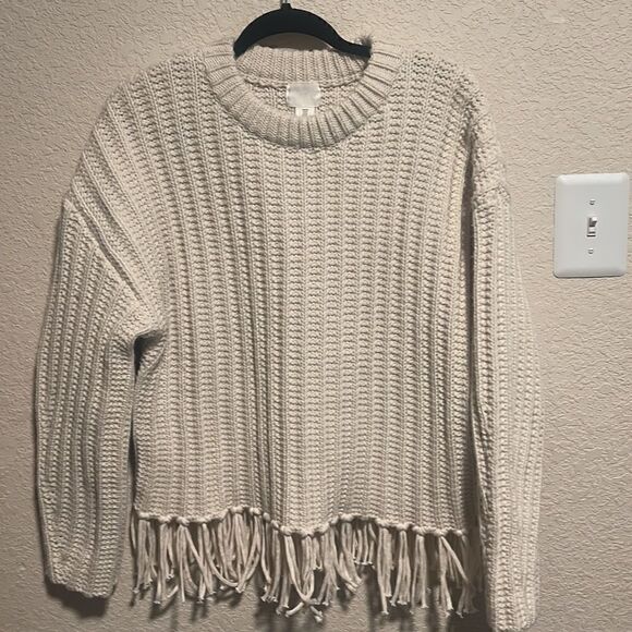 H&M- Women’s Cream Fringe-Trimmed Chunky Knit Fisherman Wool Blend Sweater, M - Picture 8 of 11